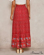 Crimson Flower Pattern Seaside Free-Spirited High Rise Rayon Skirt