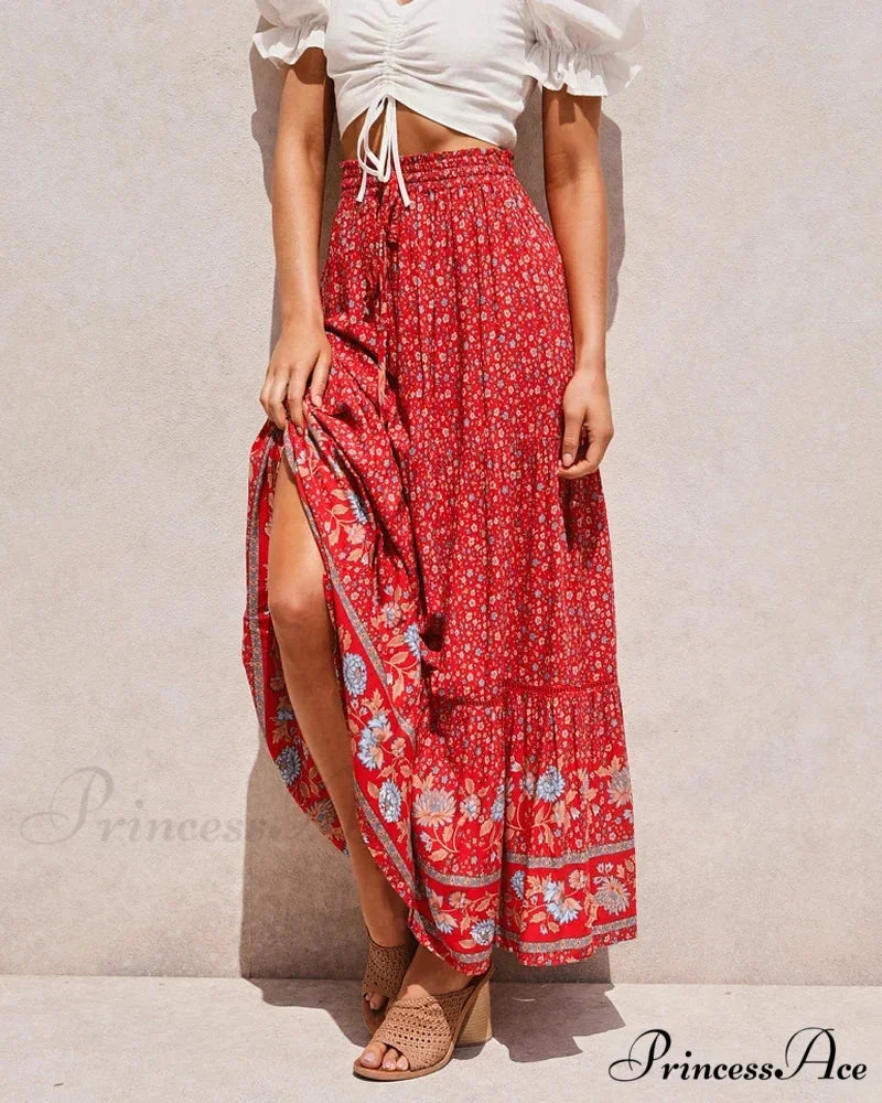 Crimson Flower Pattern Seaside Free-Spirited High Rise Rayon Skirt