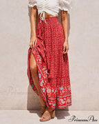 Crimson Flower Pattern Seaside Free-Spirited High Rise Rayon Skirt