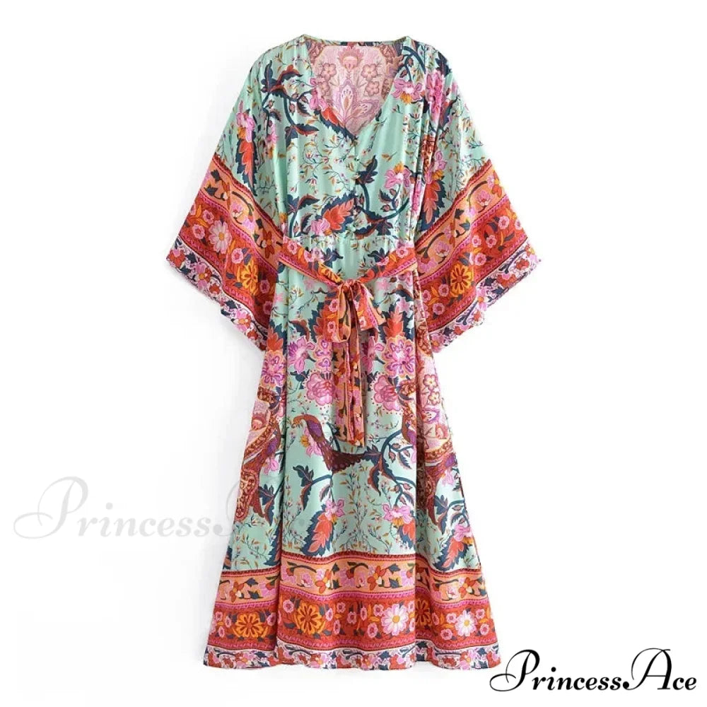Crimson Flowery Bat Sleeve V-neck Kimono Cover-up Boho Dress