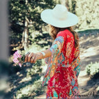 Crimson Flowery Bat Sleeve V-neck Kimono Cover-up Boho Dress