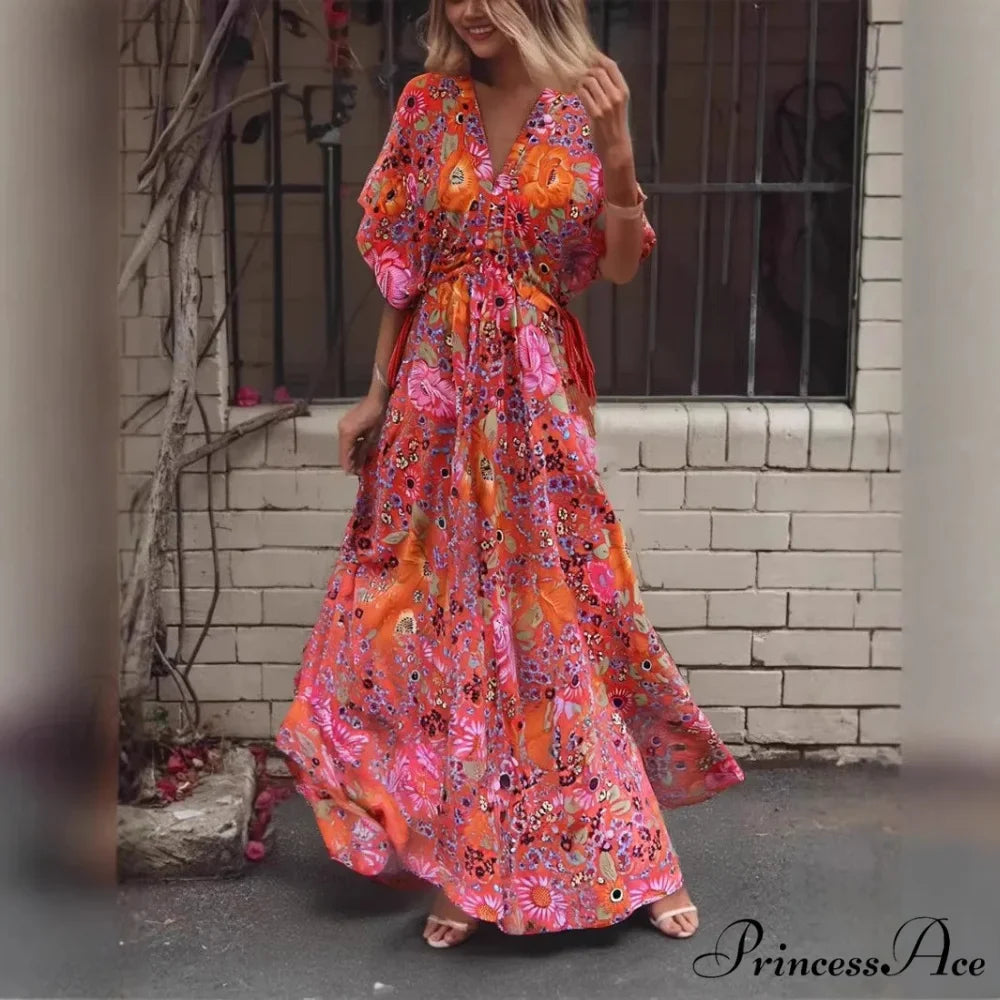 Crimson Flowery Batwing Sleeve Rayon Cotton Long Boho Dress