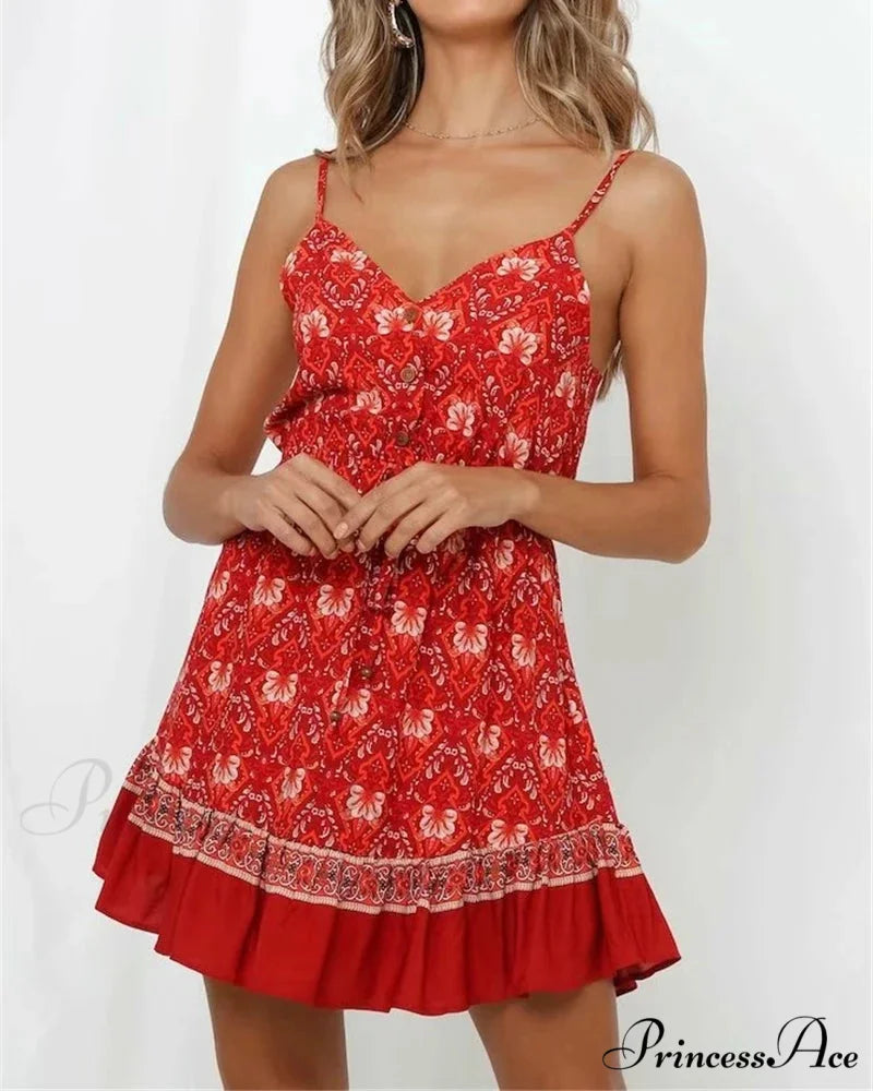 Crimson Flowery Pattern Bandeau Sleeveless Rayon Mini Seaside Boho Dress