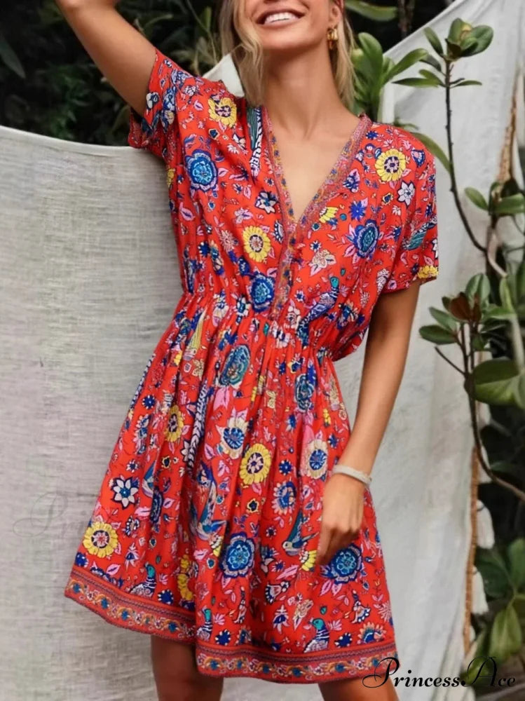 Crimson Flowery Peacock Pattern V-neck Short Sleeve Informal Mini Boho Dress