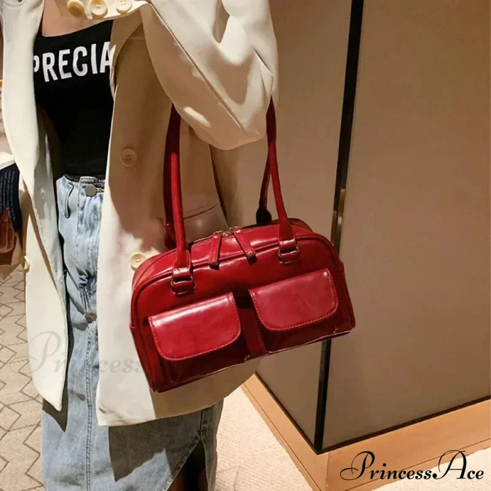 Crimson Glossy Leather Hobo Shoulder Bag