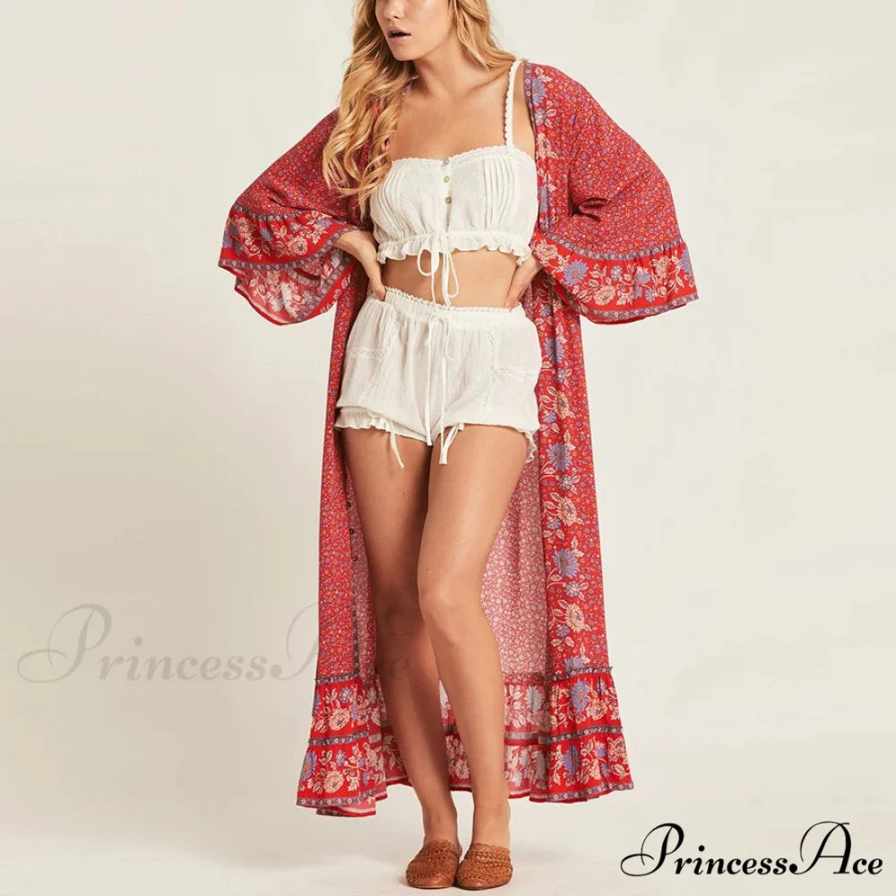 Crimson Rayon Flower Pattern V-neck Adjustable Belt Boho Dress