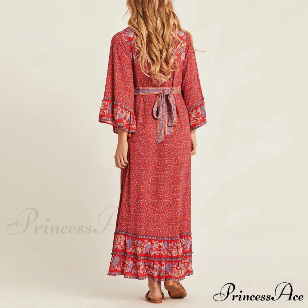 Crimson Rayon Flower Pattern V-neck Adjustable Belt Boho Dress