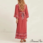 Crimson Rayon Flower Pattern V-neck Adjustable Belt Boho Dress