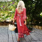 Crimson Rayon Flower Pattern V-neck Adjustable Belt Boho Dress