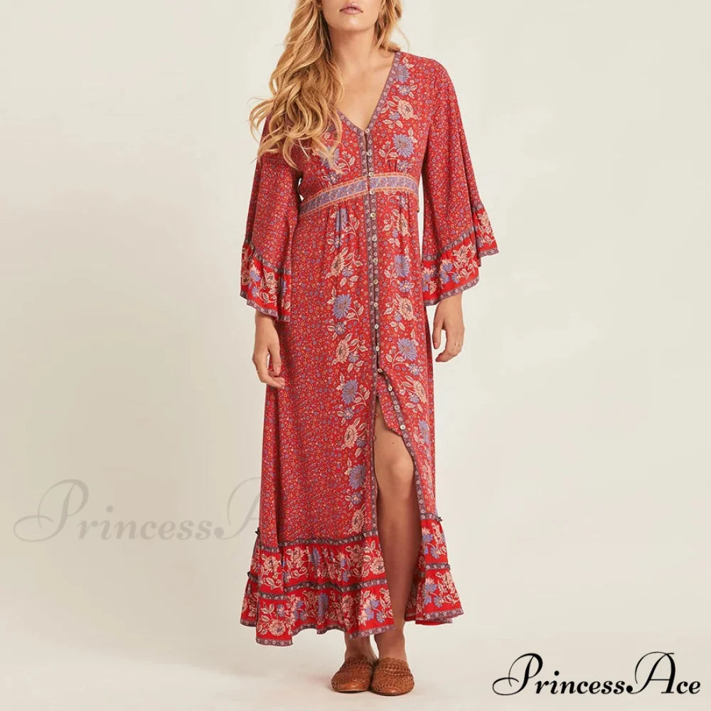 Crimson Rayon Flower Pattern V-neck Adjustable Belt Boho Dress
