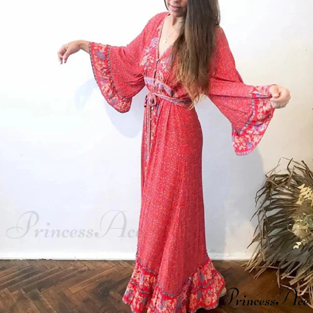 Crimson Rayon Flower Pattern V-neck Adjustable Belt Boho Dress