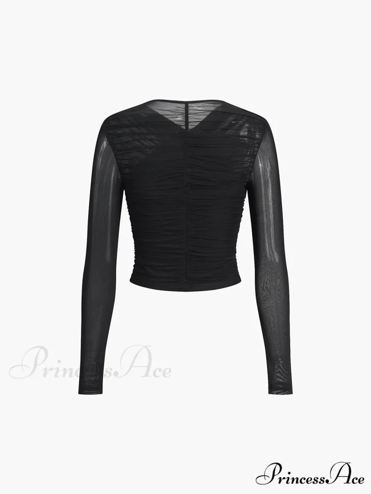 Criss Cross Mesh Trendy Long Sleeve Top