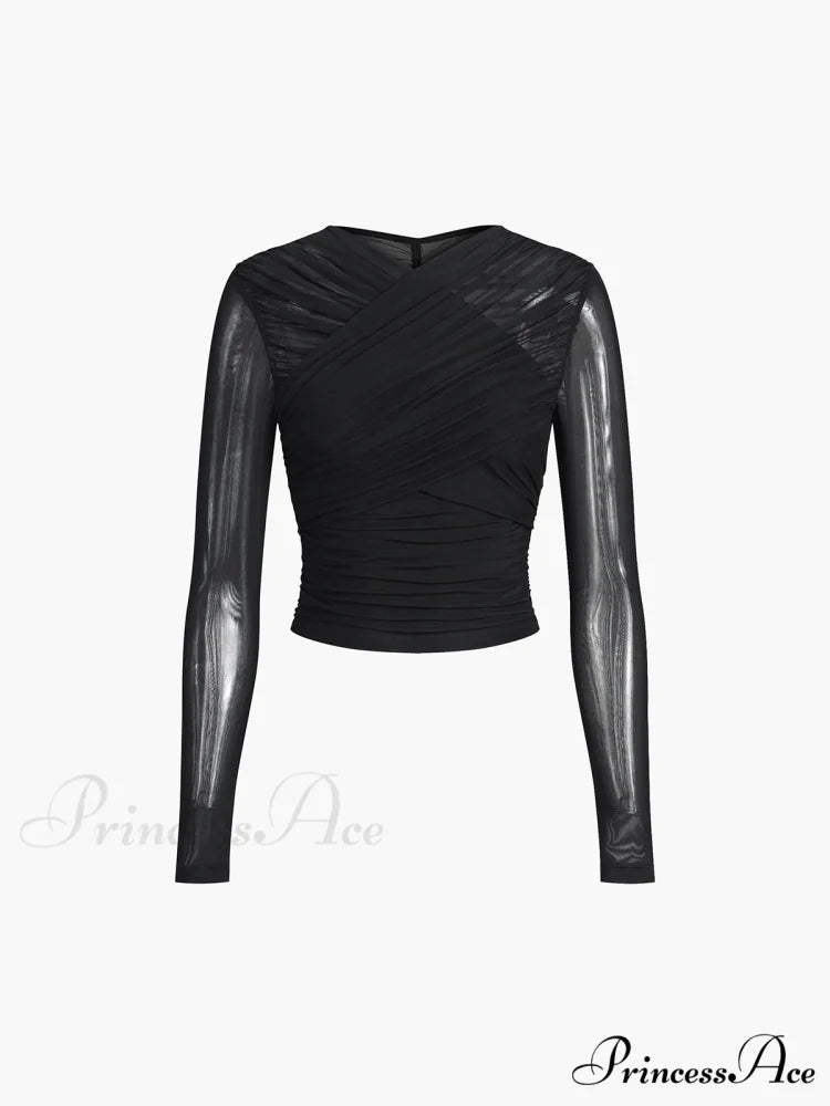 Criss Cross Mesh Trendy Long Sleeve Top