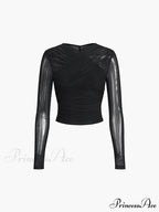 Criss Cross Mesh Trendy Long Sleeve Top