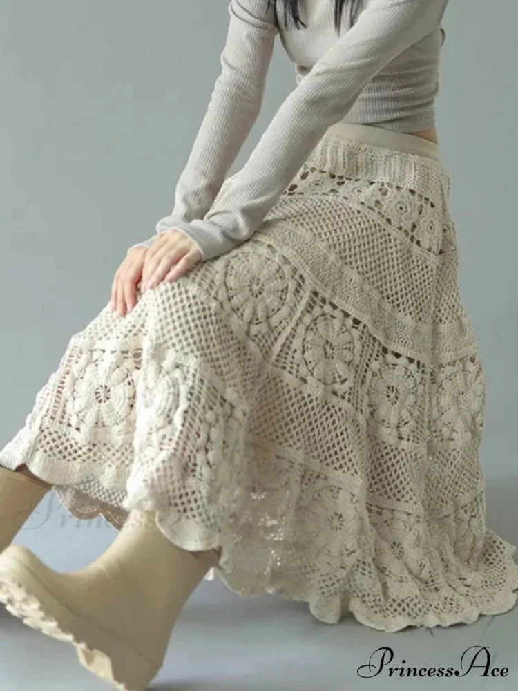 Crochet Blossom Emptied Elastic Waist Skirt