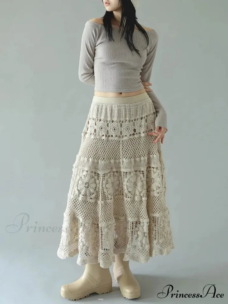 Crochet Blossom Emptied Elastic Waist Skirt