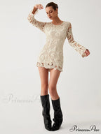 Crochet Paisley Long Trendy Sleeve Short Dress