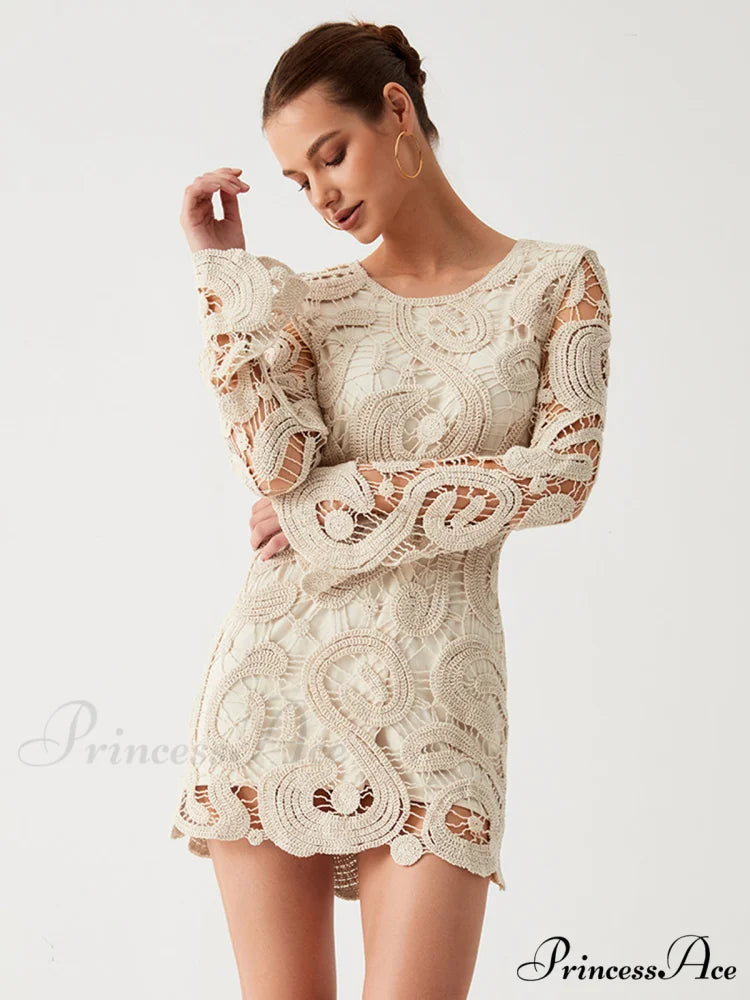Crochet Paisley Long Trendy Sleeve Short Dress