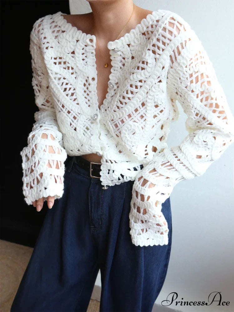Crocheted Hollow Graceful Beaded Button Cardigan