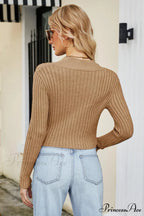 Crop Top Zip-Up Knit Long with Ribbed Arm Slit