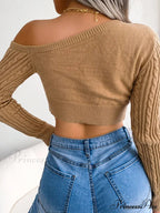 Cropped Off Shoulder Slim Solid Streetwear Green Christmas Sweater