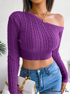 Cropped Off Shoulder Slim Solid Streetwear Green Christmas Sweater