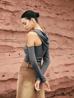 Cross-Over Neck Graceful Hooded Top