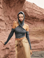 Cross-Over Neck Graceful Hooded Top