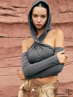 Cross-Over Neck Graceful Hooded Top