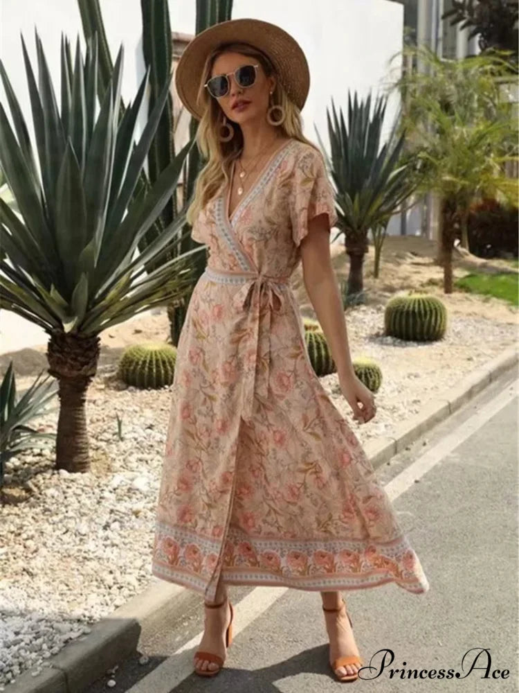 Cross Plunging Neckline Frills Bohemian Flared Dress