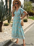 Cross Plunging Neckline Frills Bohemian Flared Dress