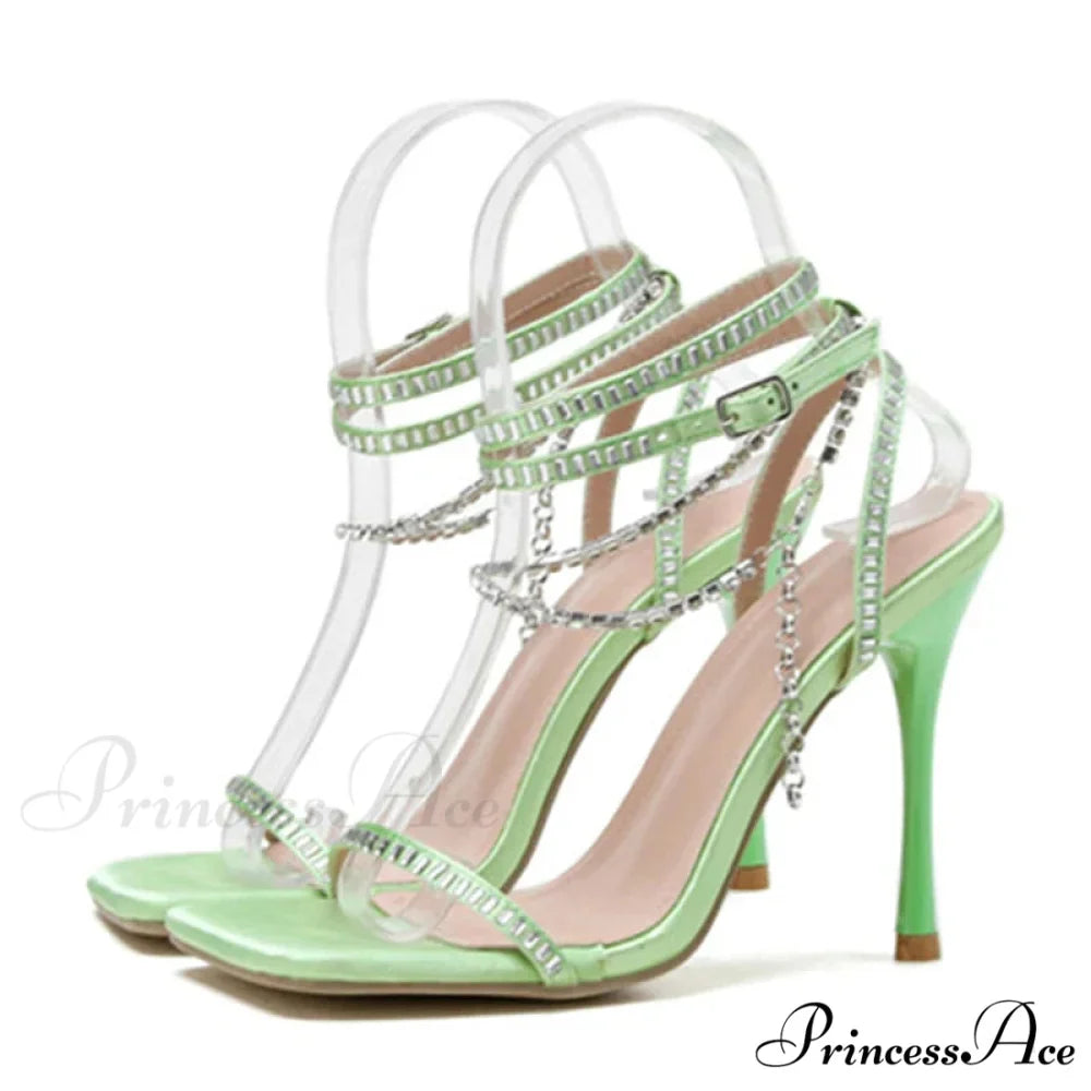 Crystal Chain Ankle-Strap Square-Toe Sexy Party Wedding Rhinestone Summer High Heel