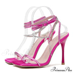 Crystal Chain Ankle-Strap Square-Toe Sexy Party Wedding Rhinestone Summer High Heel