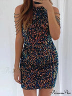 Crystal Tassel Bag Hip Dress Sexy Glitter Sequins Hanging Neck Mini Dress