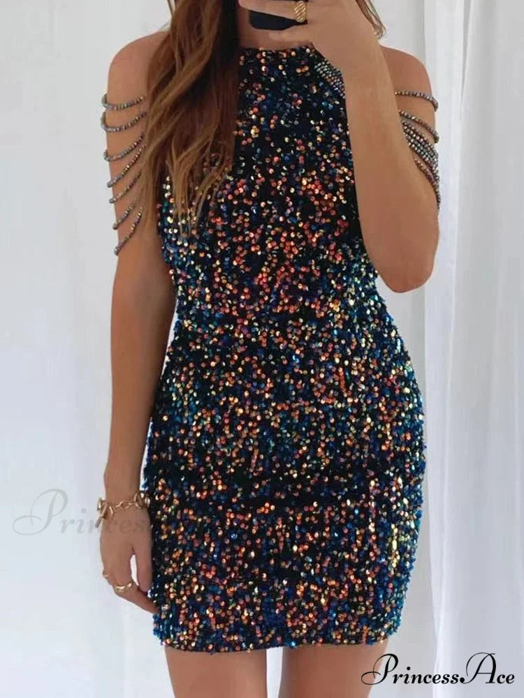 Crystal Tassel Bag Hip Dress Sexy Glitter Sequins Hanging Neck Mini Dress