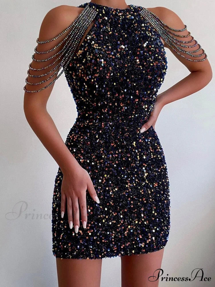 Crystal Tassel Bag Hip Dress Sexy Glitter Sequins Hanging Neck Mini Dress