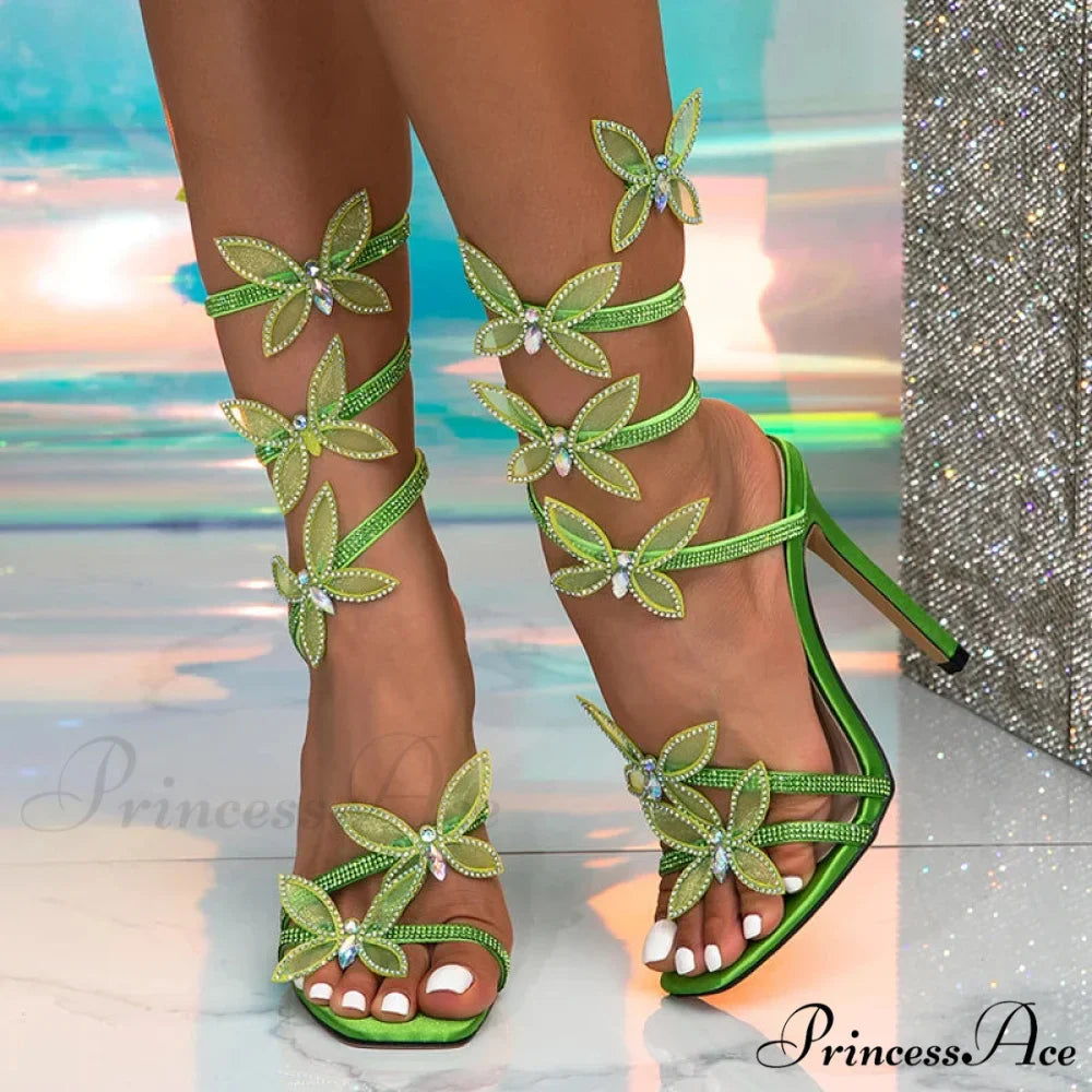 CrystalFashion Elegant Green Square-Toe Wedding Banquet Sexy Butterfly Ankle-Strap Sandals High Heel