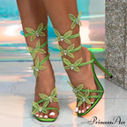 CrystalFashion Elegant Green Square-Toe Wedding Banquet Sexy Butterfly Ankle-Strap Sandals High Heel