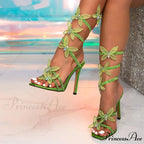 CrystalFashion Elegant Green Square-Toe Wedding Banquet Sexy Butterfly Ankle-Strap Sandals High Heel