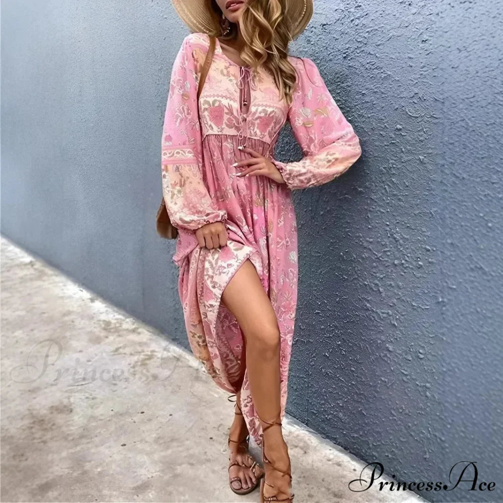 Cultural Rose Flower Pattern Neck Tie Fringe Pleated Maxi Bohemian Dress