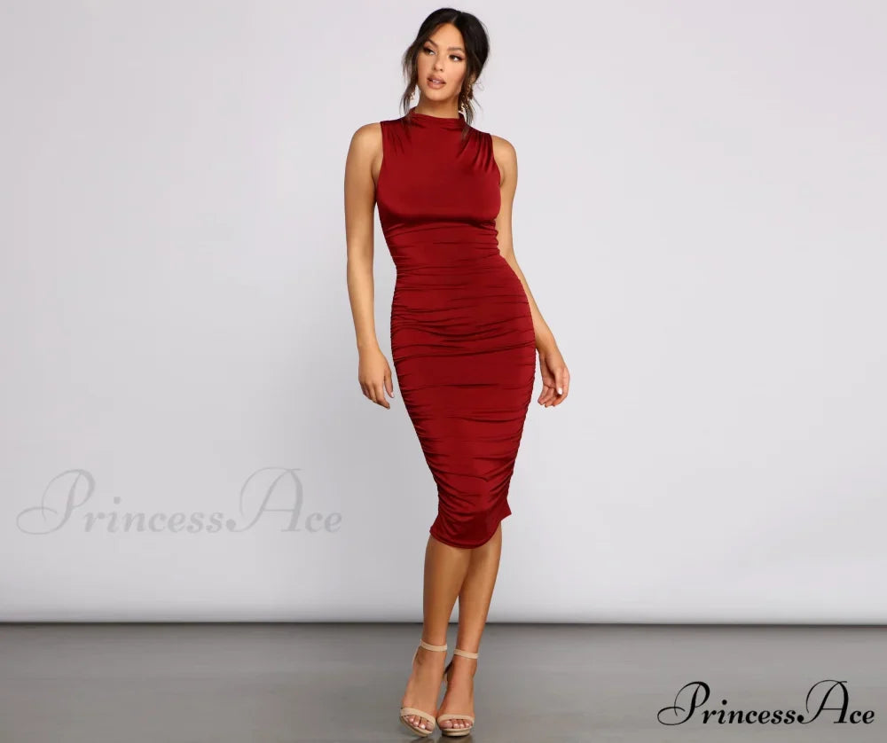 Curves Ahead Sleeveless Charming Ruched Midi Dress