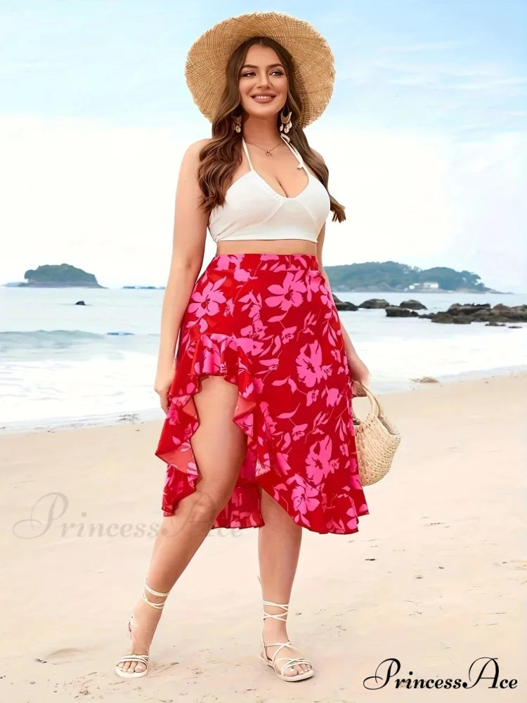 Curvy Floral Split High Rise Holiday Skirt