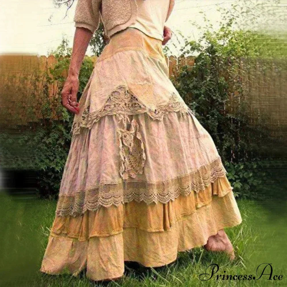 Curvy Women's Summer Retro Frills Oversized Lace Maxi Skirts