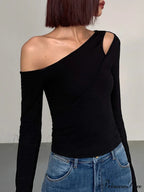Cut Out Asymmetric Off Modern Shoulder Slinky Long Sleeve Shirt