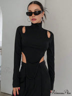 Cut Out High Trendy Neck Asymmetric Hem Top