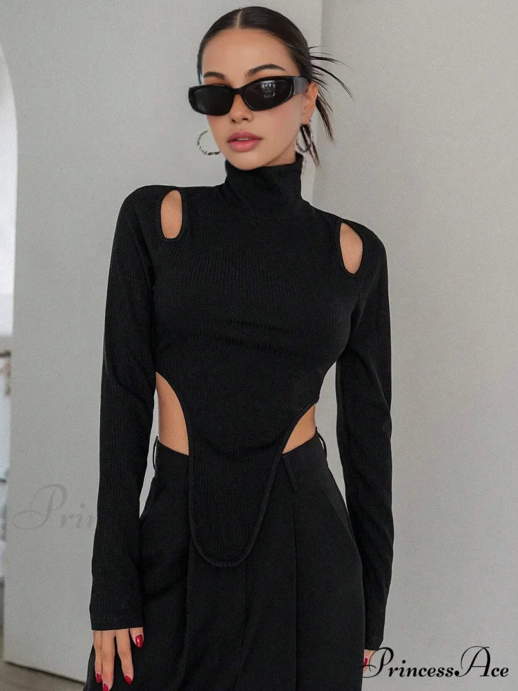 Cut Out High Trendy Neck Asymmetric Hem Top