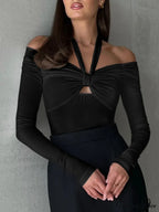 Cut Out Knotted Trendy Long Sleeve Halter Shirt