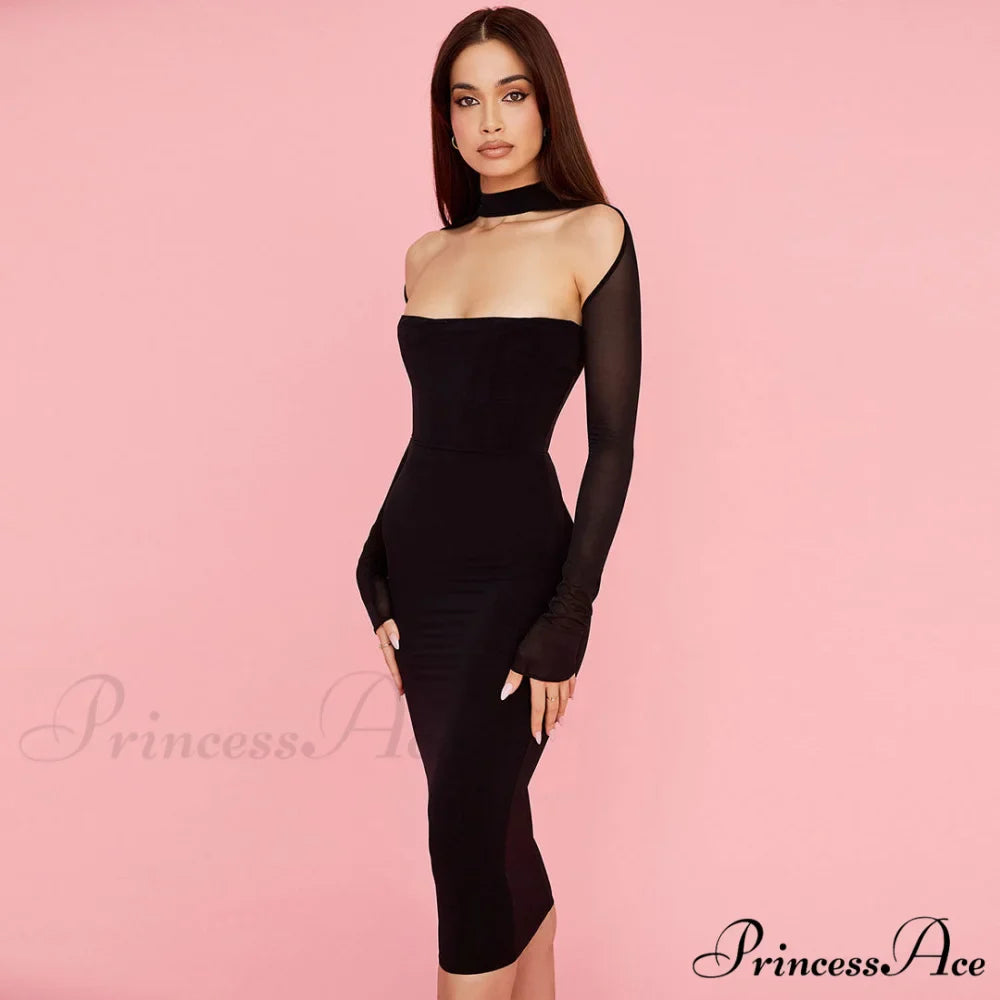 Cut Out Long Sleeve Mesh Classic Bodycon Cocktail Midi Dress - White