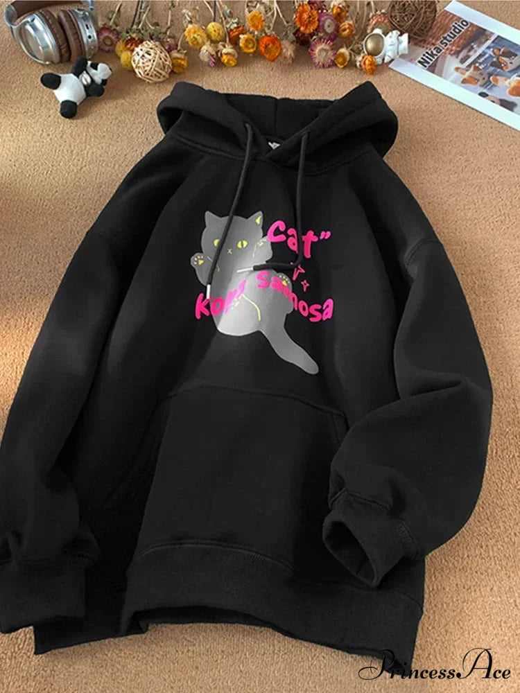 Cute Anime Feline Graphic Vintage Hoodie