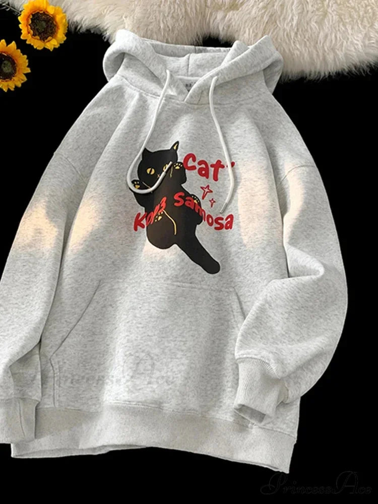 Cute Anime Feline Graphic Vintage Hoodie